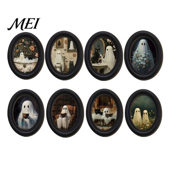 Niche Autumn Home Accents Halloween Wooden Door Hanging Sign, Oval Gothic Black Cat Ghost Wall Plaque, Retro Boho Style Festive Decor Waterproof
