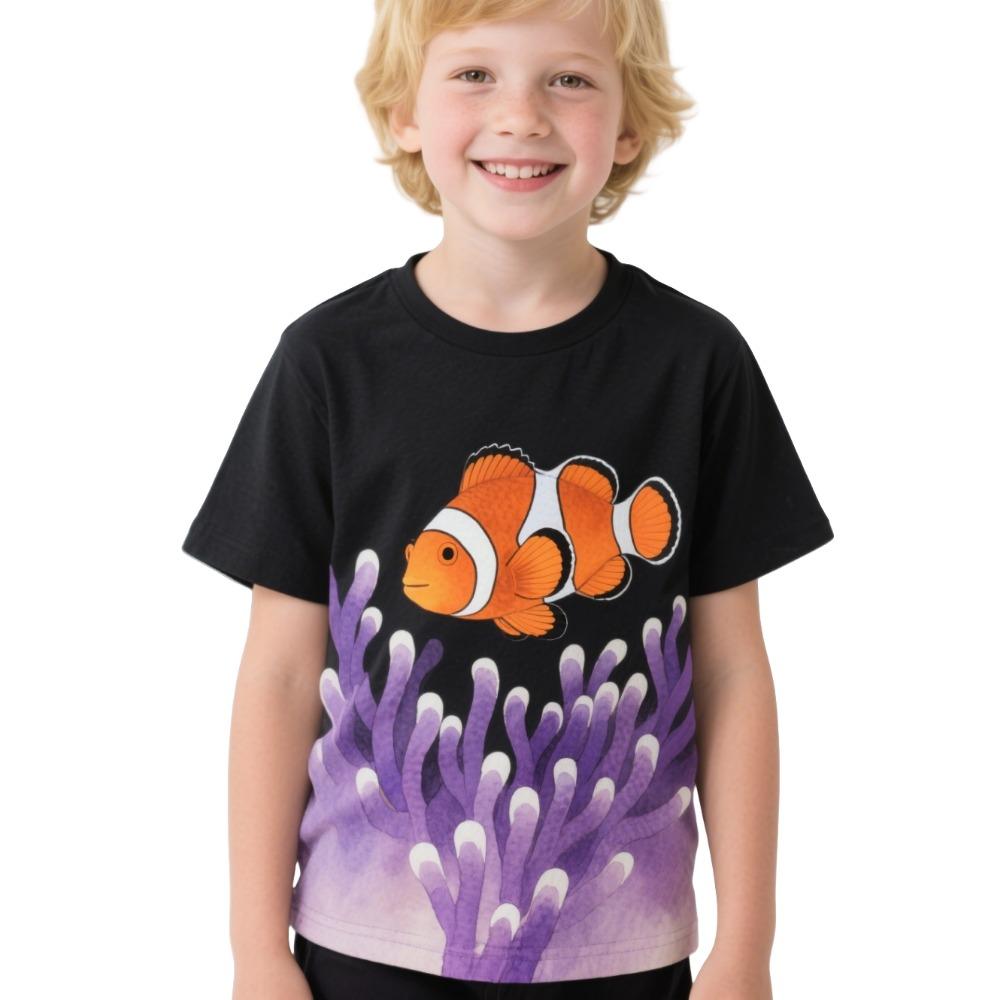 Summer children's casual T-shirt with sea turtle, marine animal print, black short sleeved T-shirt, fashionable cartoon pattern children's T-shirt