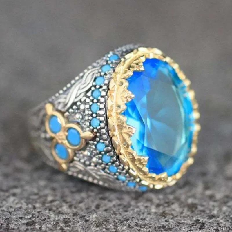 Squisito anello rotondo intarsiato con pietra blu e zircone blu cielo, anelli di fidanzamento in metallo bicolore, anelli di nozze per donne e uomini