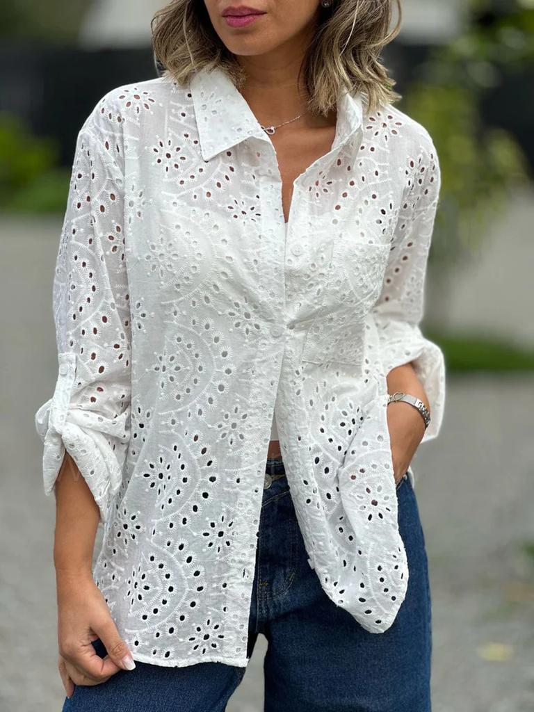 Spring/Autumn Season Pure Color Shirt Collar Loose Embroidery Hollow Large Size Women's Shirt Top
