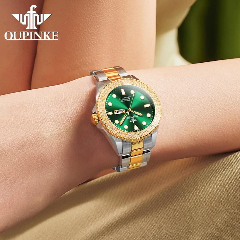 OUPINKE Brand Small Green Watch Light Luxury Diamond Set Fashion Trend Luminous Machine Watch Women Watch Women