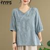 Women's Fashion Casual Summer Spring Flower Pattern Print 1/2 Sleeves V-Neck Blouses & Shirts