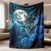 2026 Latest Flannel Blanket | UltraSoft Wolf & Blue Roses Print, Cozy Warm Polyester for All Seasons, Ideal for Sofa, Office Naps, Camping & Travel, P