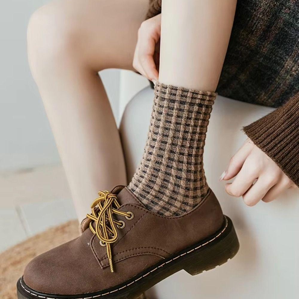 5 Pairs Knit Pattern Crew Socks Mid Calf Comfortable Daily Socks Cotton Socks Daily Casual
