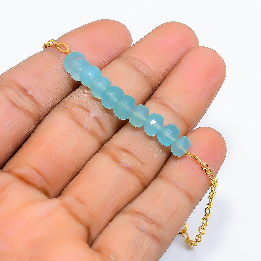 Aqua Chalcedony Gemstone Handmade 925 Sterling Silver Bracelet 7-8" GK-5058