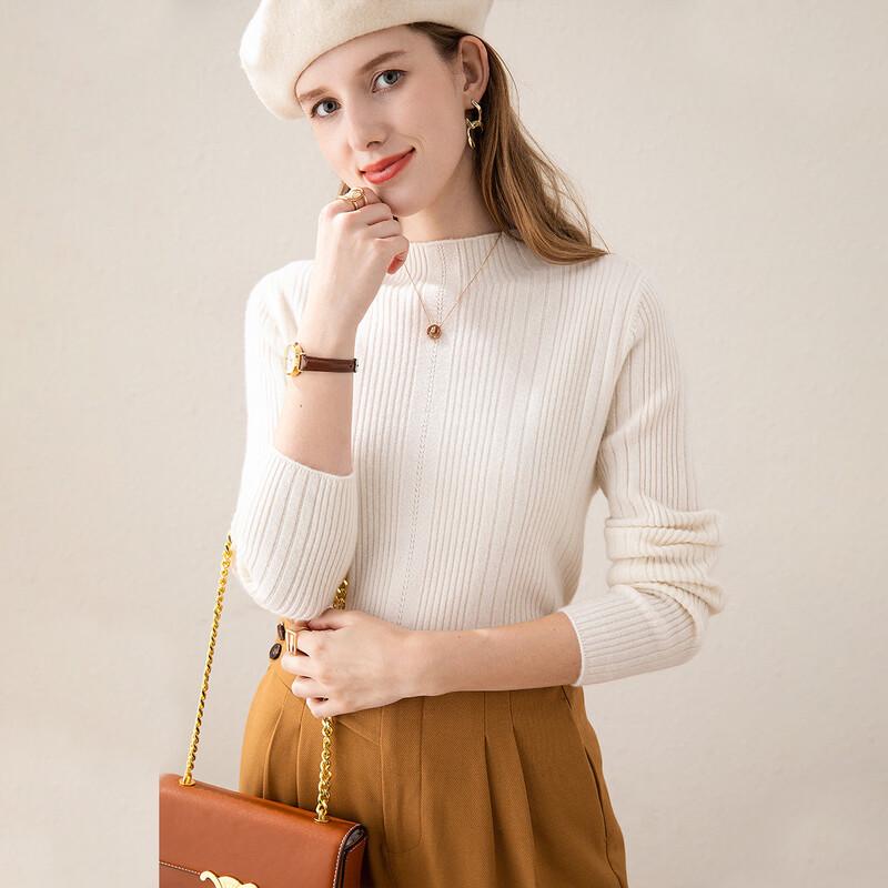 

TUHUANG Women s 100% Cashmere Half-High Collar Ribbed Sweater L