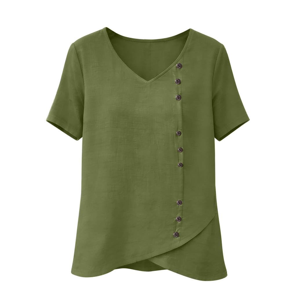 Womens Spring Tops V Neck Short Sleeve Button Design Summer Shirts for Women Casual Loose Fit Lightweight Blouse Dressy Tops for Women