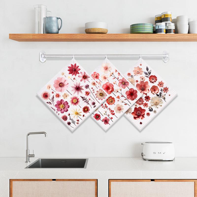 6PCS Red Flowers Print Swedish Dishcloths Eco-Friendly Kitchen Dish Rags Absorbent Dish Towels Reusable Washable Cleaning Cloth