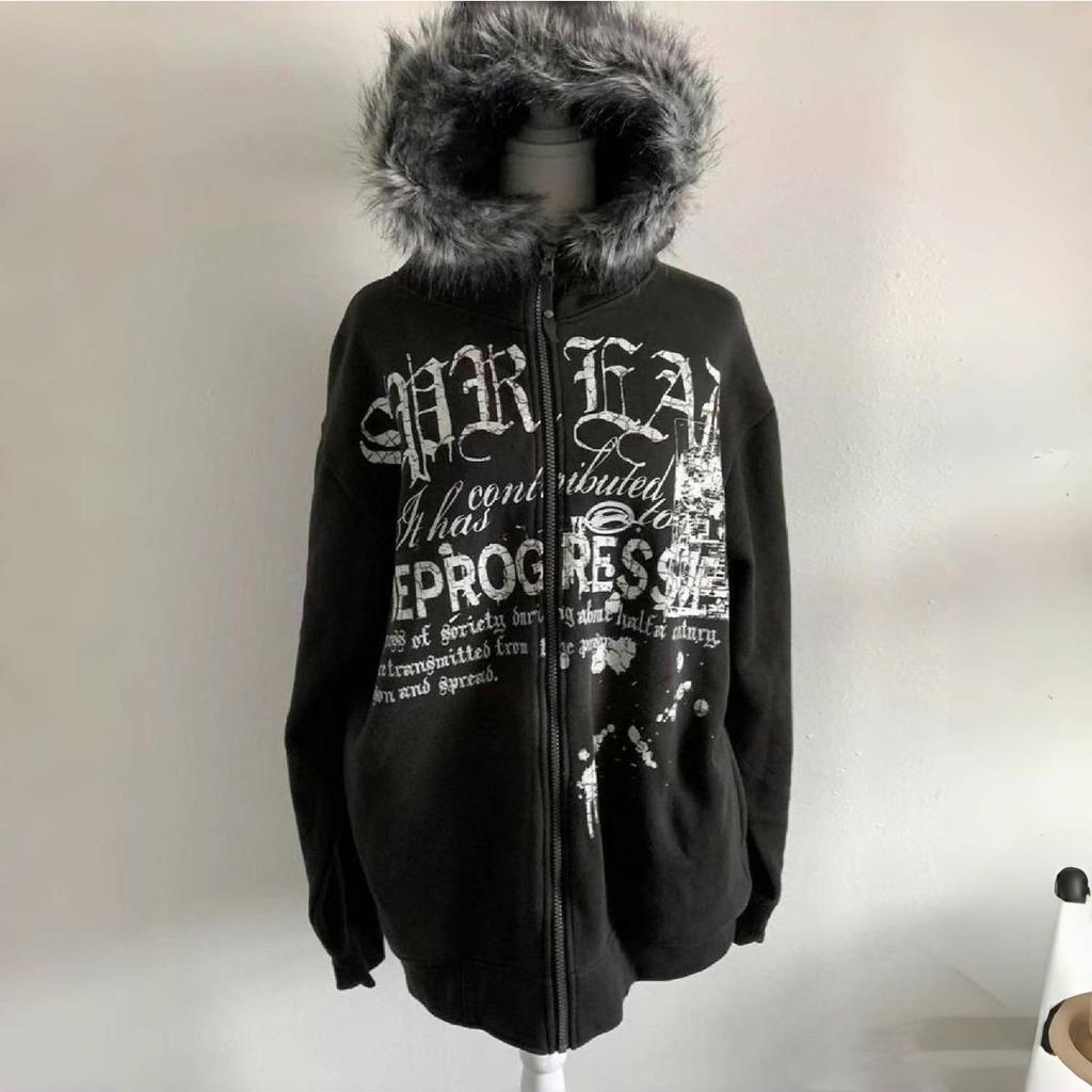 VAYLA Jachete Gotice Harajuku Y2k American Vintage Negru Blană Sintetică Hanorace Femei Imprimate cu Litere