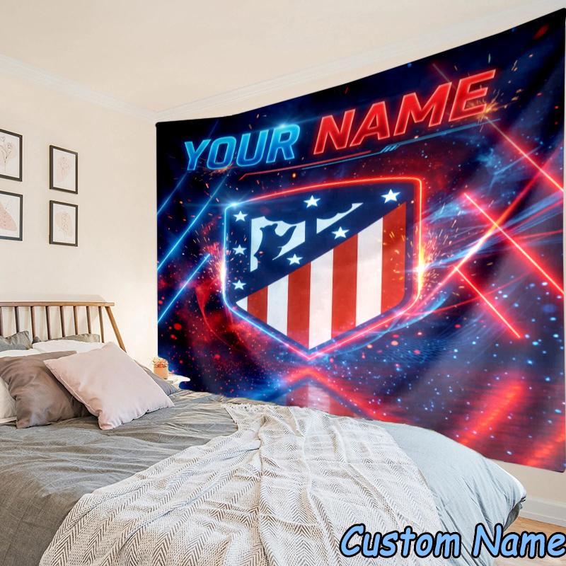 Custom Name Atletico Madrid Crest Tapestry Accessories for Bedroom,Livingroom, dormitory Room Wall Hanging Decor, Fan Birthday Gifts