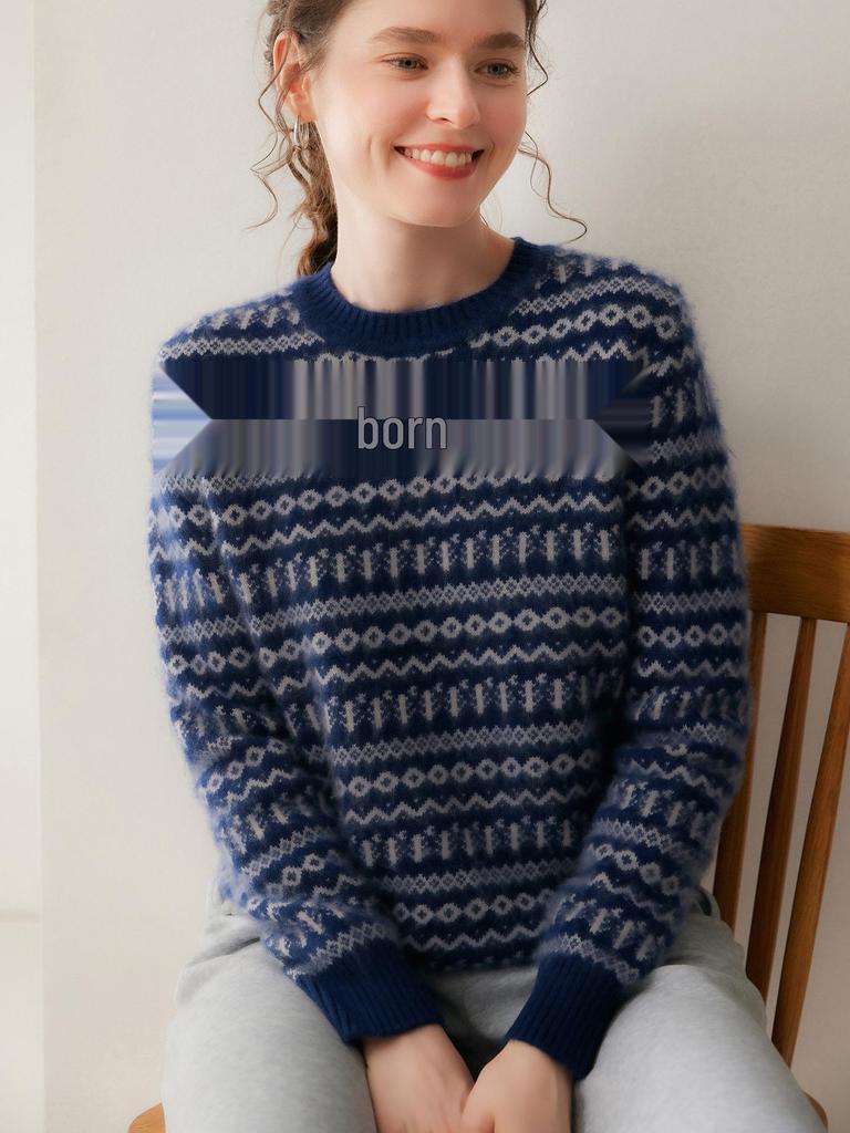 Women's Striped Jacquard Cashmere Sweater - Loose, Slimming Round Neck for Autumn/Winter 2026