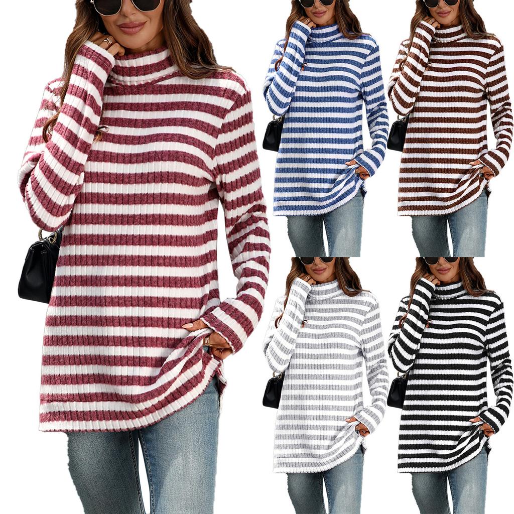Women's Fashion Casual Striped High Neck Loose Long Sleeve Casual Pullover Top