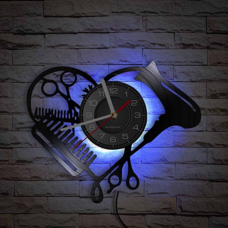 Barbershop Werkzeuge Schallplatte Wanduhr Schönheit Friseursalon Herzform Fön Schere Kamm Friseur Design Leise Uhr