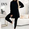 Women Tracksuit 2 Pcs/Set Lady Top Pants Set Hooded Long Sleeve Slit Hem Hoodie Stretchy Auutmn Trousers Waist Slim Fit Sport Fitness Casual Homewear