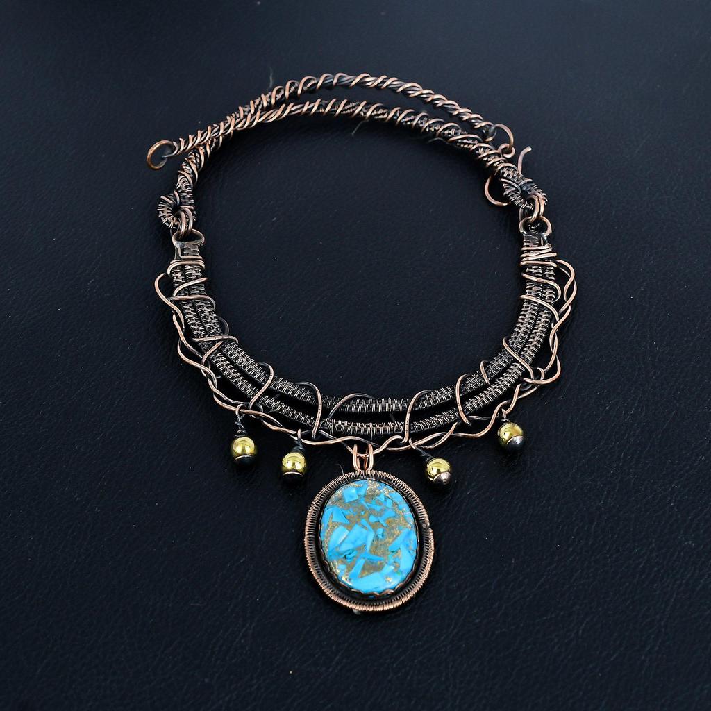 Copper Turquoise Necklace Gemstone Jewelry, 999 Copper Wire Wrapped Necklace, Adjustable Handmade Chain Necklace Gift For Wife Jewelry