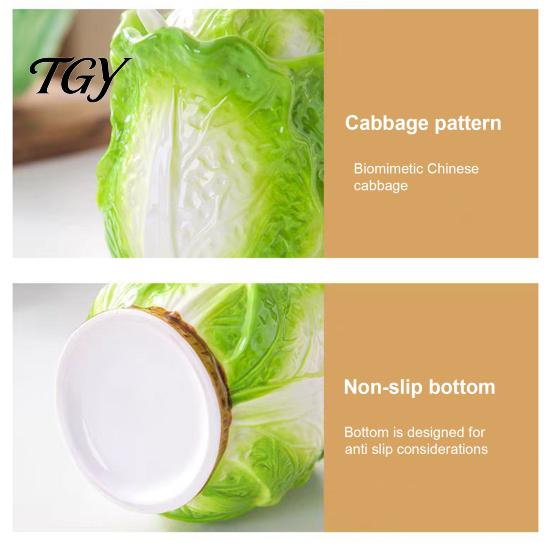 Novelty Vegetable Design Jar Ceramic Cabbage Shaped Lard with Lid Spoon, 350ml Kitchen Sealed Condiment Server for Restaurant Seasoning Container,