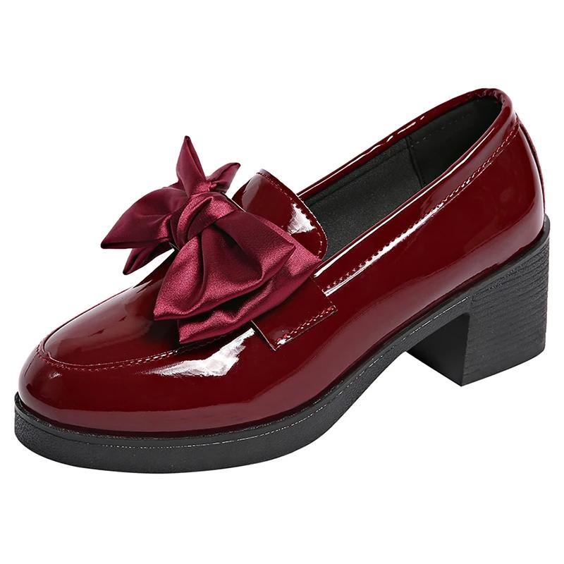 Fashion ZOKI 2025 Spring Sweet Bowknot Square Heel Pumps Woman Black Patent Leather Women's Loafers Platform Slip On Shoes for Women