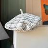 Women's Style Beret Hat Gingham Check White Elegant Painter Cap for Face Slimming Effect