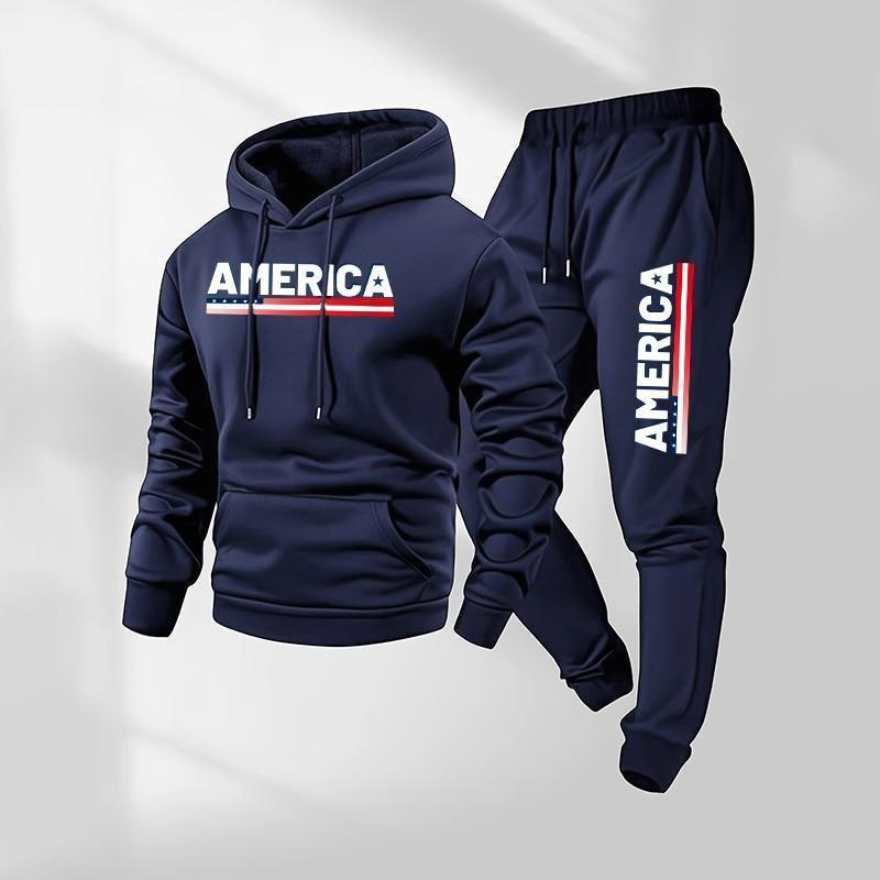 Mens Casual Hooded Sweatshirt Set With Letter Print Long Sleeve Top Pants Winter Warm Outfit