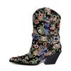 Fashion Brand Woven Brocade Embroidery Rhinestone Rivet Short Boots  New Fashion Show Pointed Slope Heel Chelsea Women's Boots Size 43