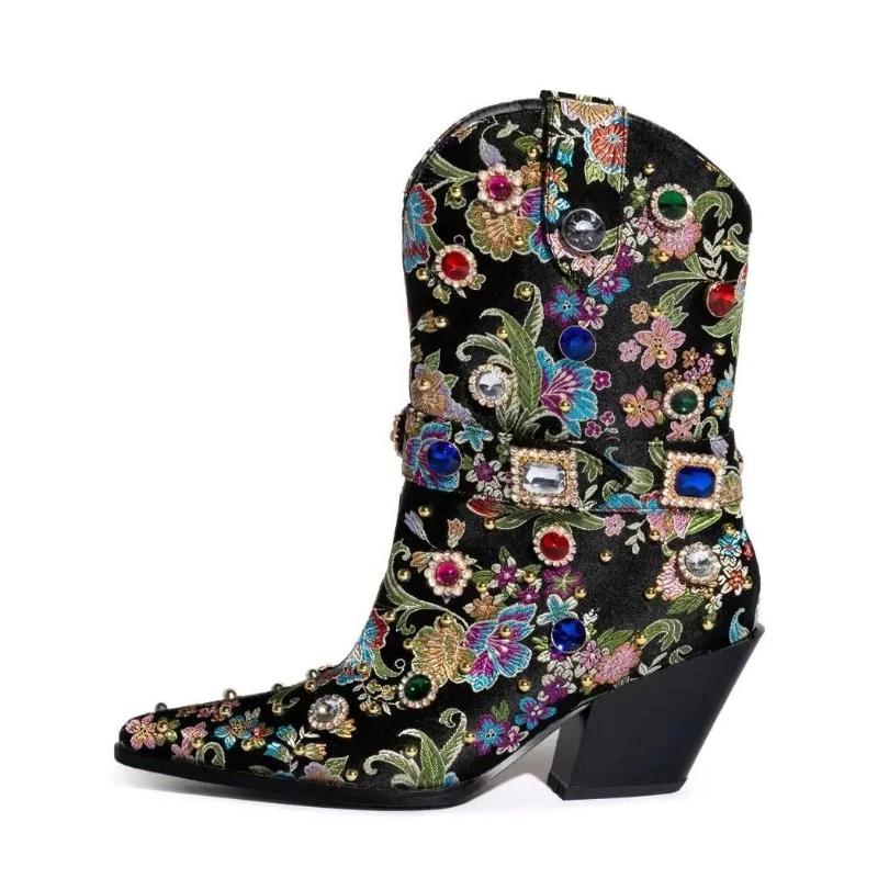 Fashion Brand Woven Brocade Embroidery Rhinestone Rivet Short Boots  New Fashion Show Pointed Slope Heel Chelsea Women's Boots Size 43