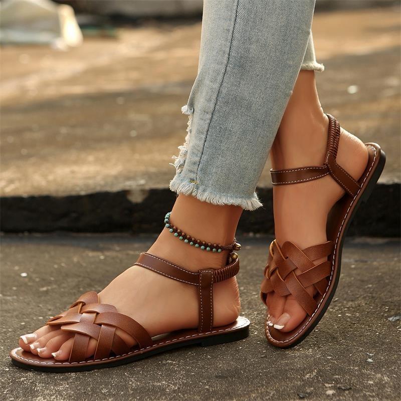 Sandały Plus Size - Letni Nowy Styl Modne Płaskie Damskie Buty - Sandały Rzymskie z Elastycznymi Paskami - Buty Plażowe