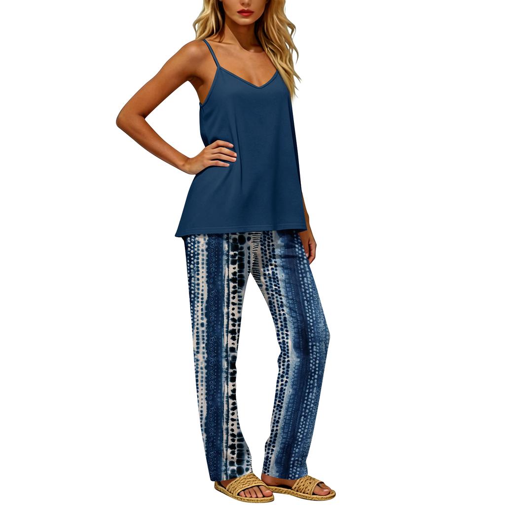Women's 2 Piece Outfit Set, Casual Backless Sleeveless Top with Elastic Waist Long Pants, Suit No Pockets