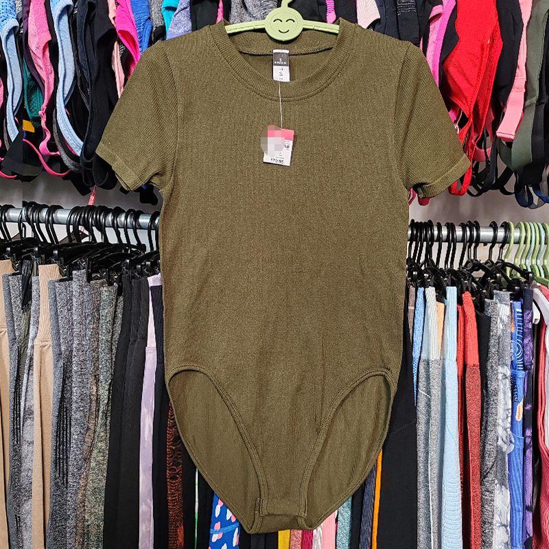 

Export Fashion Jumpsuit Short Sleeve Fitness Sports Breathable Quick-Drying Rib Yoga Clothes High Elastic Thin Base Tops Army Green M