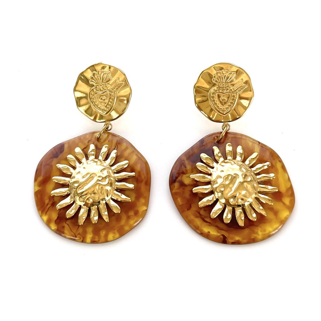 GHIDBK Vintage Trendy Amber Resin Golden Sun Round Drop Earrings for Women Unique Stainless Steel Party Daily Zircon Waterproof