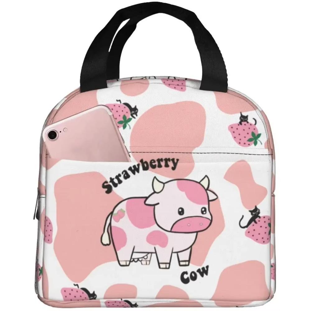 Pink Cartoon Cow Print Women Insulated Lunch Bag Milk Reusable Water-Resistant Cooler Lunch Tote Box Portable Bag