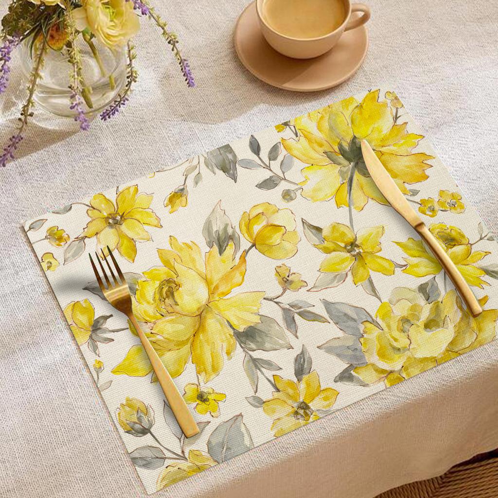 Pastoral Themed Linen Placemat Daisy Printed Bowl and Plate Heat Insulation Mat Washable Stain Resistant Desktop Decoration