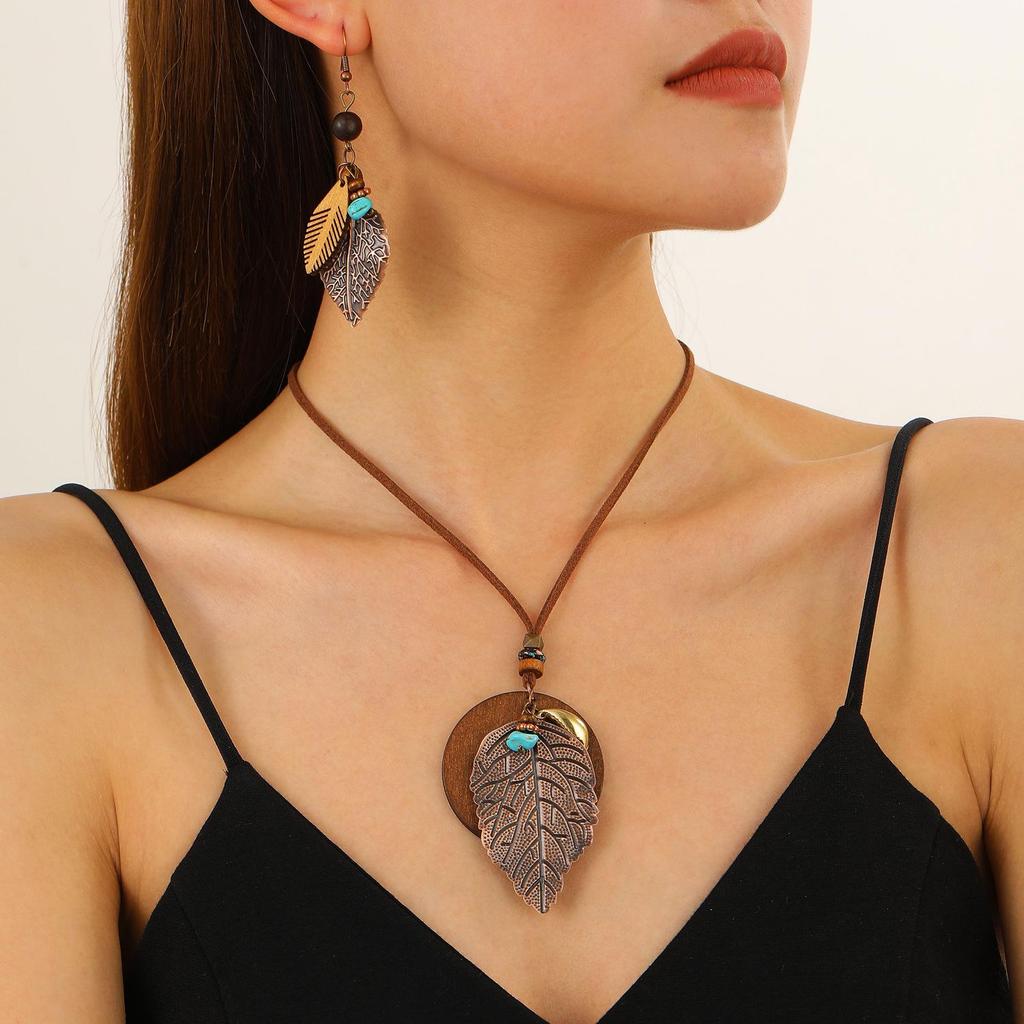Bohemian Leaf Earrings & Necklace Set - Ethnic Long Sweater Chain Jewelry for Women