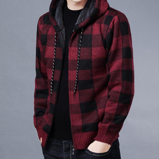Men Jacket Plaid Pattern Breathable Polyester Sweater Hoodie for Winter