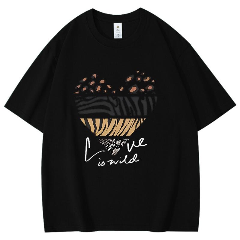 Leopard Print Tiger Skin Heart Pattern Unisex Women Cotton Tshirt Love In Wild Print Retro Designed Unisex Tee Loose Graffiti Top