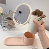 Rotatable Makeup Mirror with Storage Box, Desktop Cosmetic Brush Holder, Multifunctional Table Vanity Mirror Tray