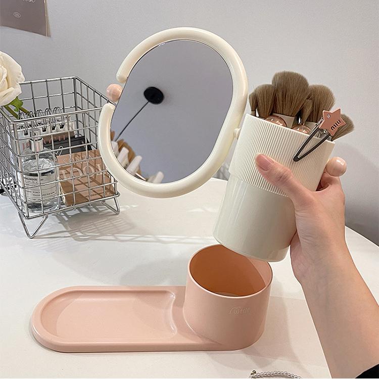 Rotatable Makeup Mirror with Storage Box, Desktop Cosmetic Brush Holder, Multifunctional Table Vanity Mirror Tray