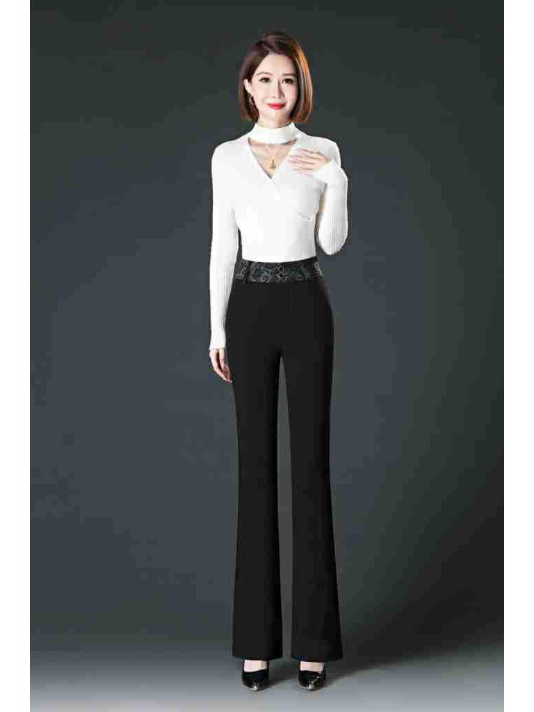 Spring/Autumn Women's High Waist Bell Bottom Knit Pants - Black, Plus Size, Slimming, Fashionable, Loose Fit