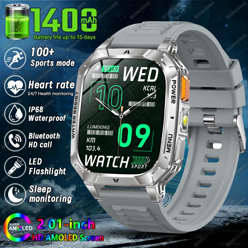 New 1400 mAh Battery Military Smartwatch Men IP68 Waterproof Flashlight Health Monitor Sports Call Smart Watch For iOS Android