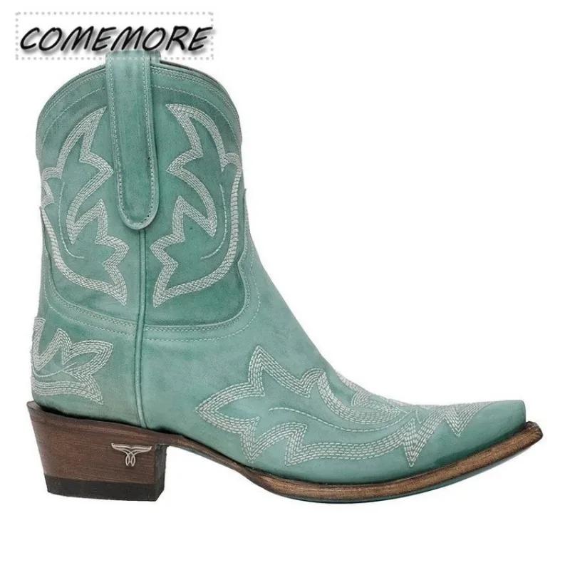 Embroidery Botas Mujer Leather PU Cowboy Ankle Boots for Women's Wedge High Heel Boots Snake Print Western Cowgirl Boots Autumn