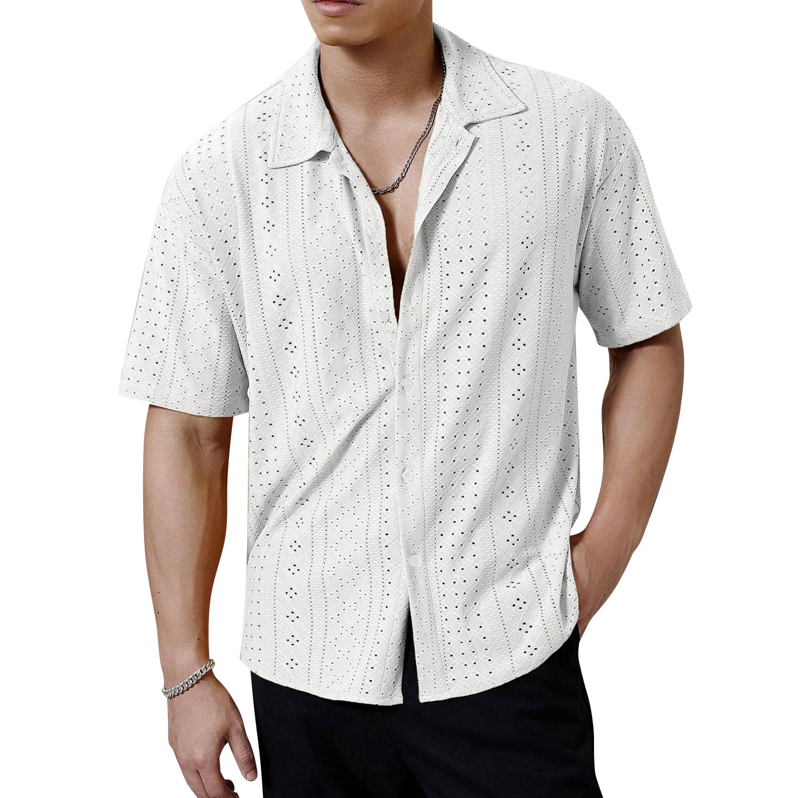 

Mens Button Up Beach Shirt Casual Cuban Collared Summer Vacation Shirt XL білий