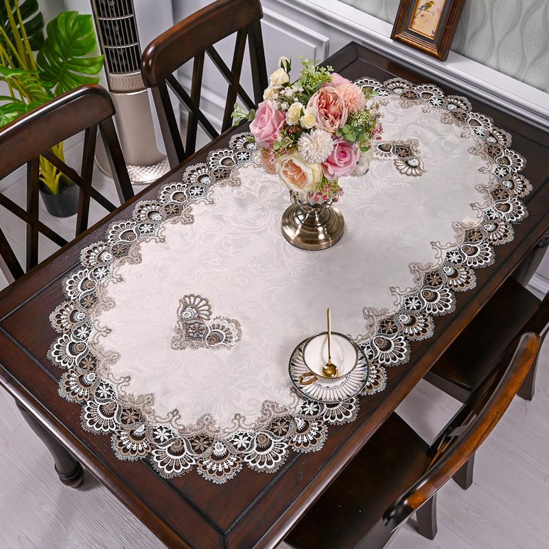 European Oval Living Room Table Mat Tea Table Dining Table Cloth Lace Edge Fabric Heat-resistant and Dustproof Tablecloth