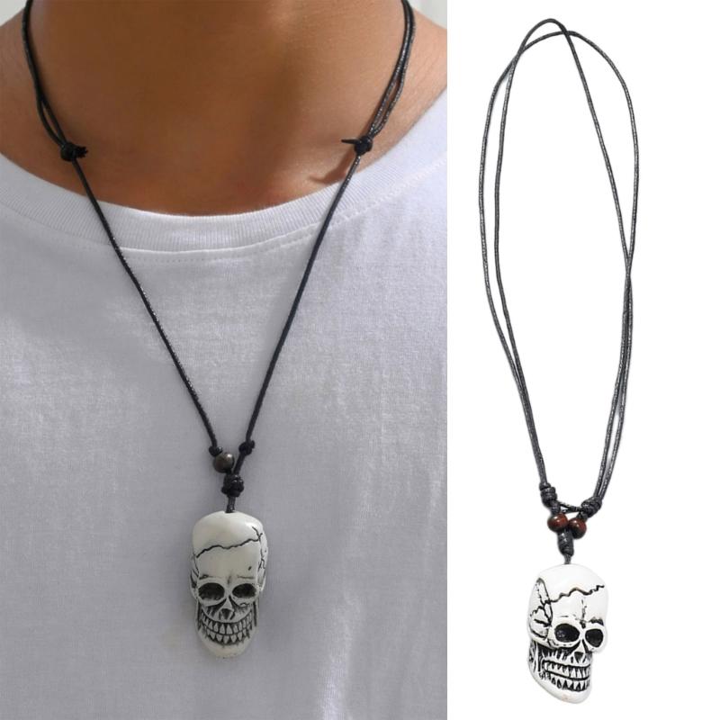 Gothic Bone Skeleton Head Skull Pendant Necklace Adjustable Wax Cord for Men Women Halloween Gift Hip Hop Party Jewelry
