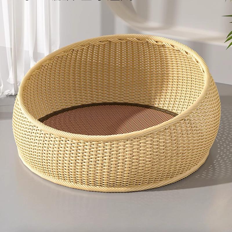 Imitation Rattan Cat House All Season Semi-Enclosed Pet Shelter Breathable Summer Cat Cave Cozy Woven Kittens Bed for Indoor