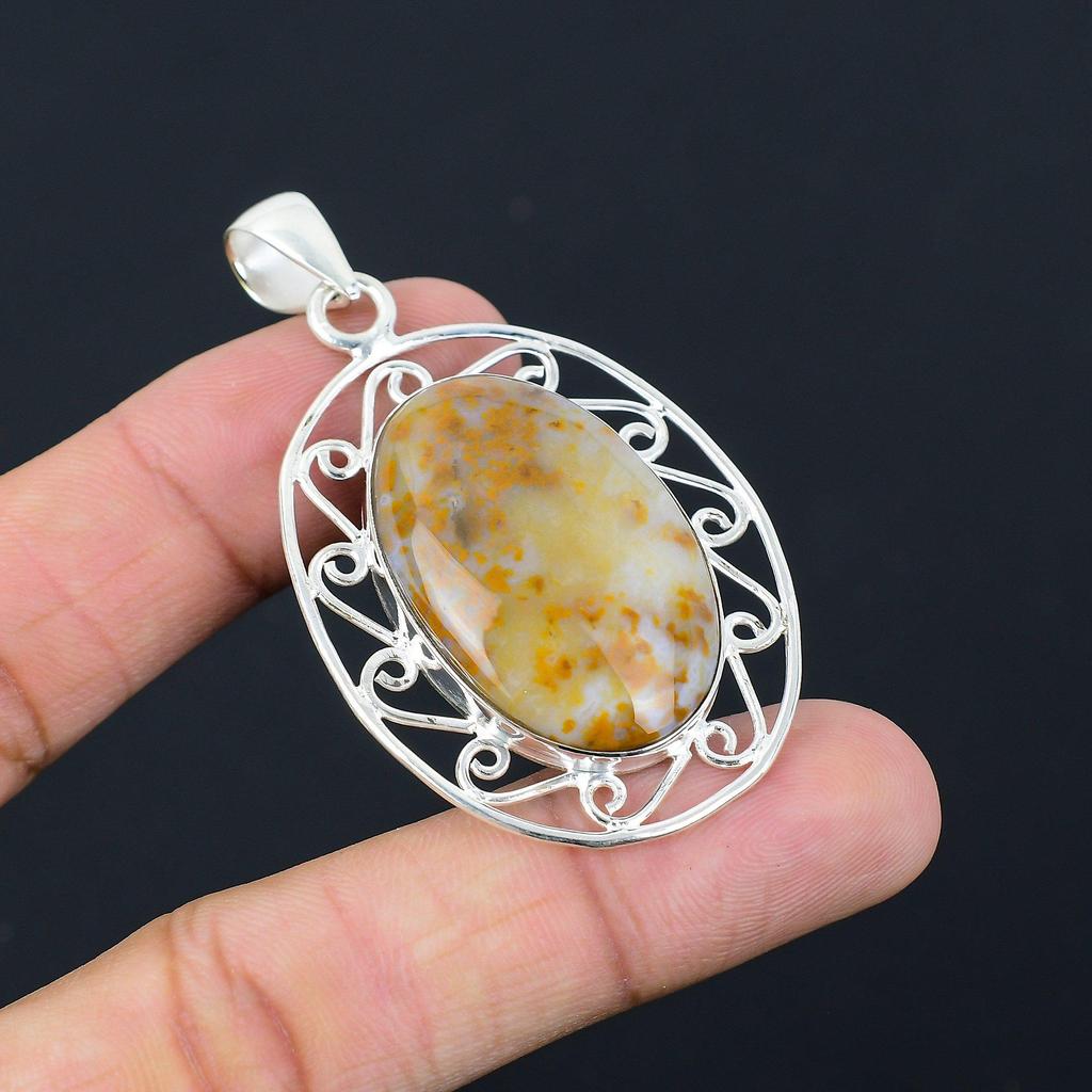 Womens day Deal Oval Natural Plume Agate Anniversary Birthday Pendant 925 Silver