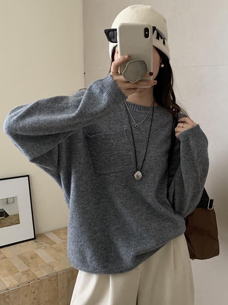 Liu Wen-inspired Women's Casual Loose Wool Sweater Pullover with Pockets - High-End Knitwear for 2025