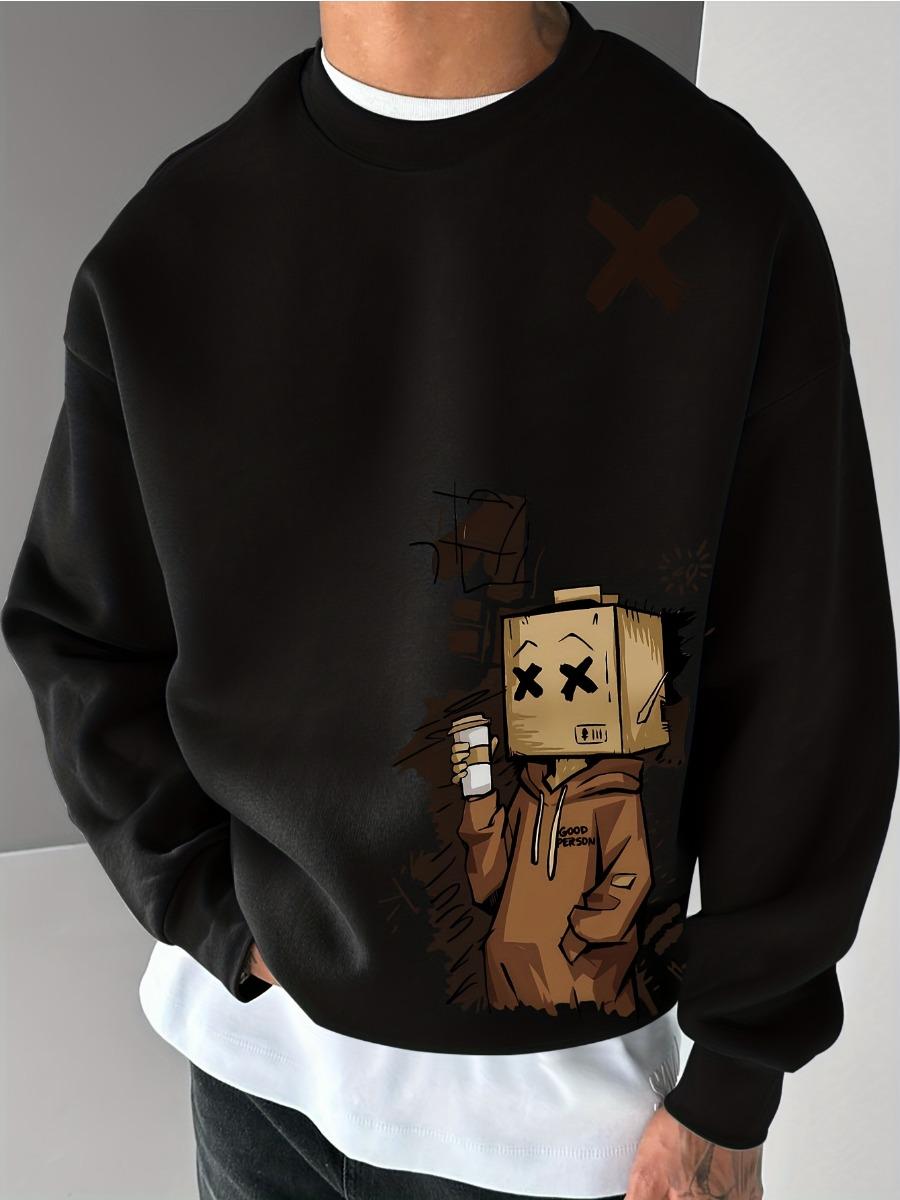 

Fun Cardboard Box Printed Men s Autumn and Winter Fashionable Casual Loose Fit Long Sleeved Round Neck Sweatshirt 3XL чорний