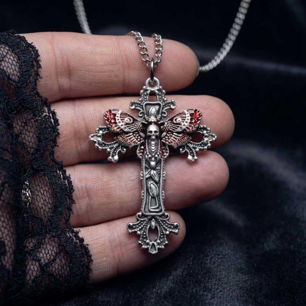 Victoria Gothic Death Skull Head Moth Cross Pendant Necklace for Women Men Halloween Witch Pagan Alternative Aesthetics Jewelry