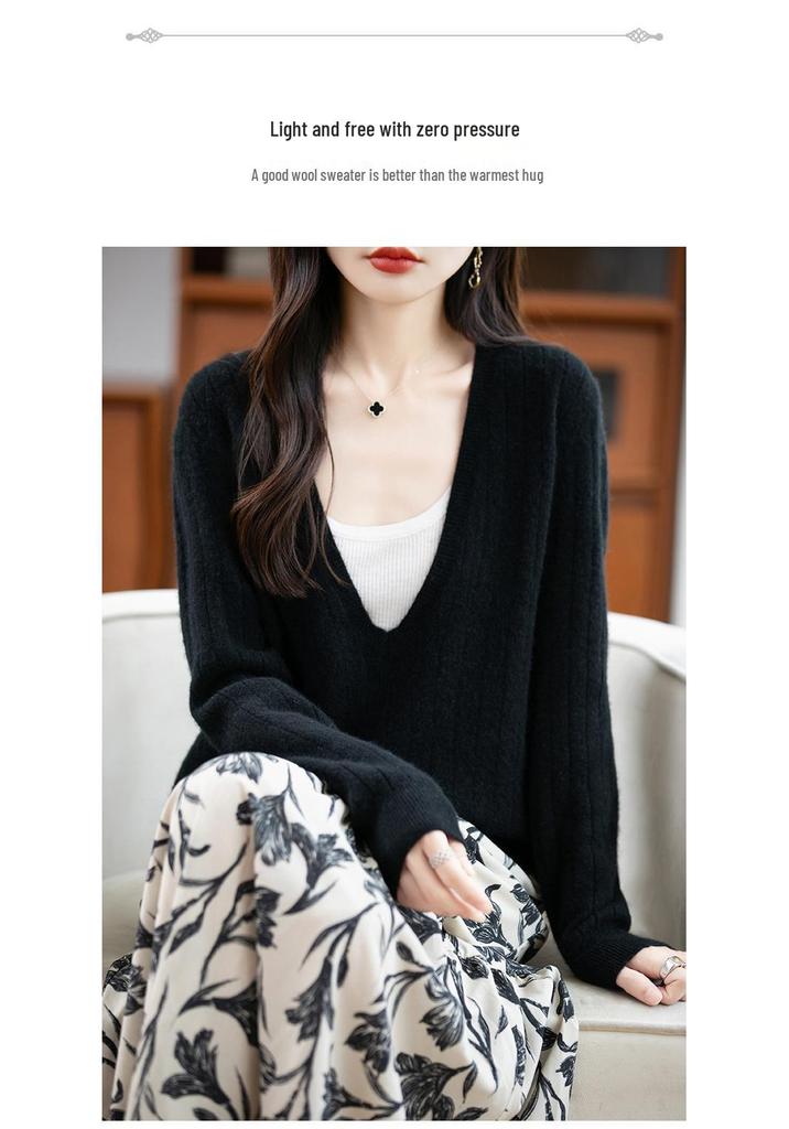 Autumn-Winter V-Neck Pure Wool Pullover: Women's Soft, Skin-Friendly Cashmere Knit Sweater.