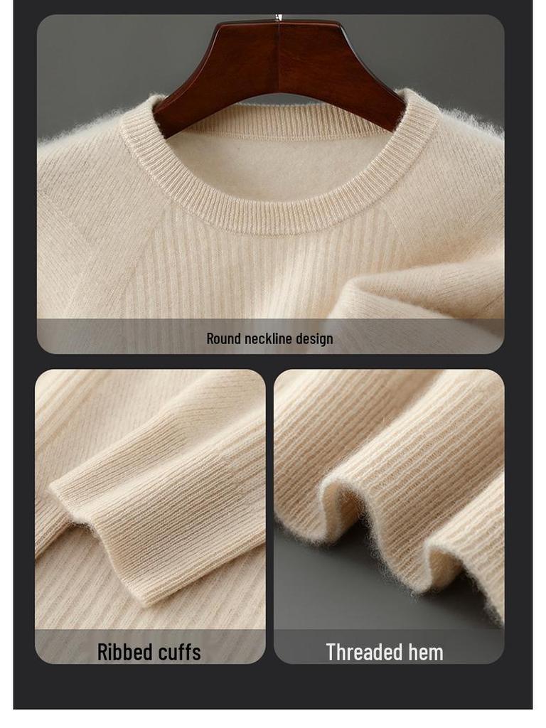 Men's High-Quality 100% Wool Round Neck Sweater, Vertical Ribbed Knit, Soft and Luxurious Thick Base Layer