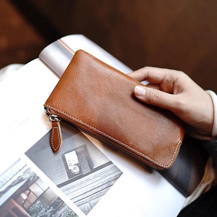 2025 Korean Style Women's Ultra-thin Minimalist Long Leather Wallet with Zipper Coin Purse and Phone Holder